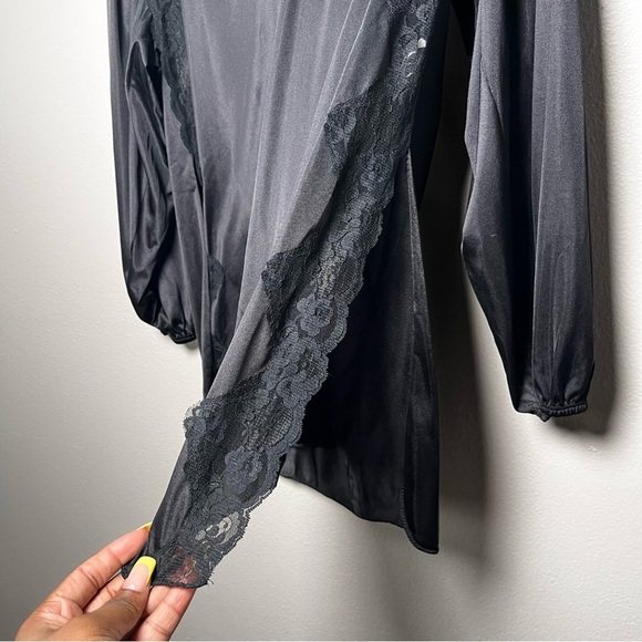 VTG 80s Henson Kickernick Women Nylon Dress Medium Black Lace High Slit - Picture 3 of 10